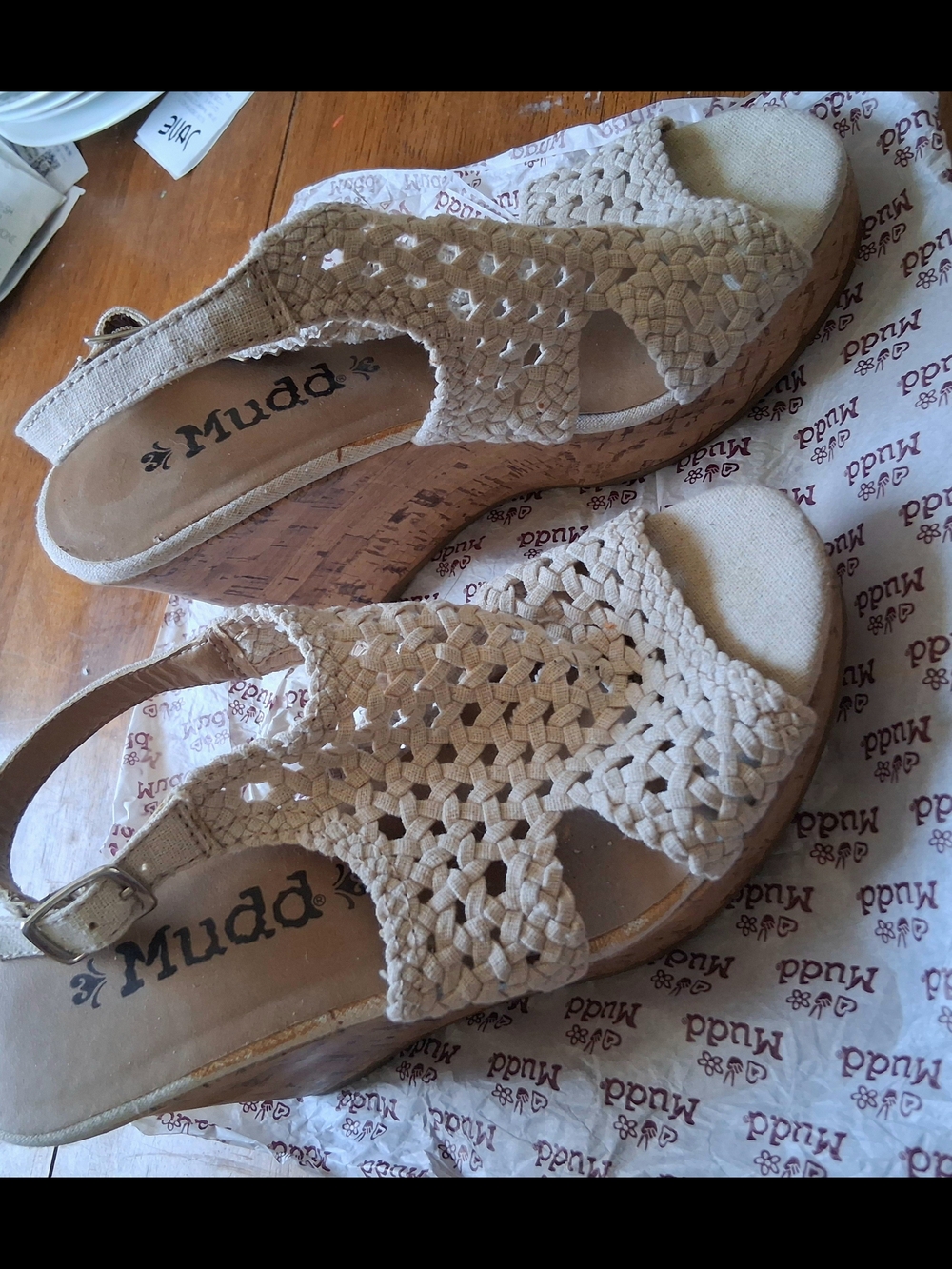 Mudd Beige Woven Slingback Cork Wedge Sandals